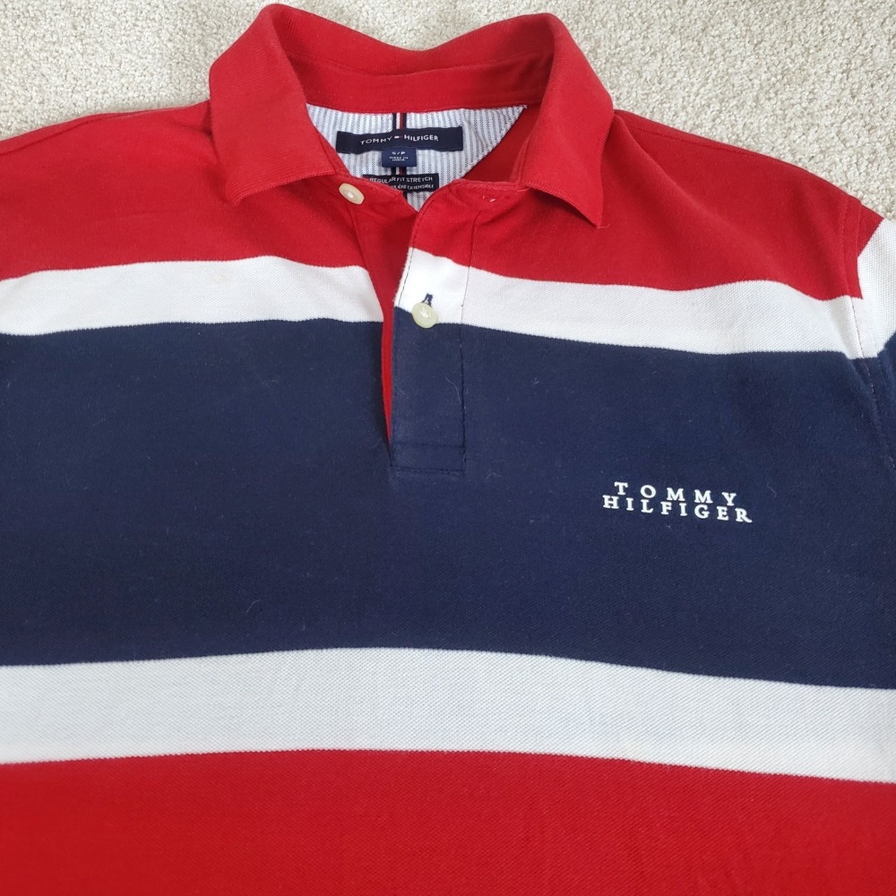 Tommy Hilfiger‎ Men's Polo Shirt Size S Striped Red Blue White Short Sleeve